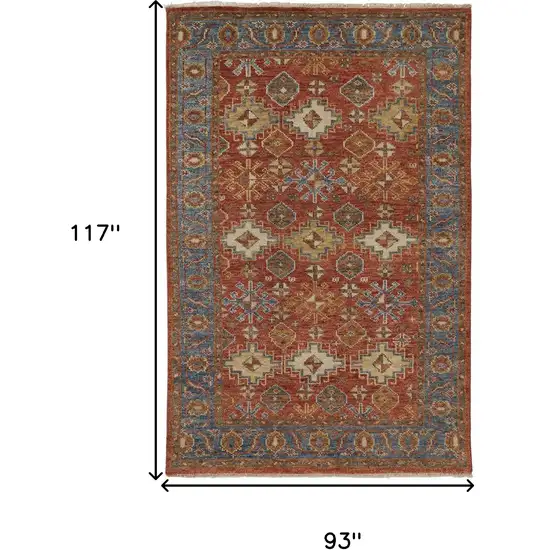 Red Blue And Orange Wool Floral Hand Knotted Stain Resistant Area Rug With Fringe Photo 7