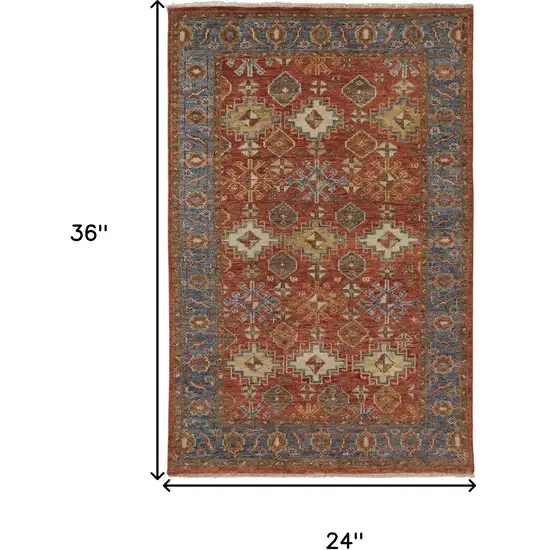 Red Blue And Orange Wool Floral Hand Knotted Stain Resistant Area Rug With Fringe Photo 7