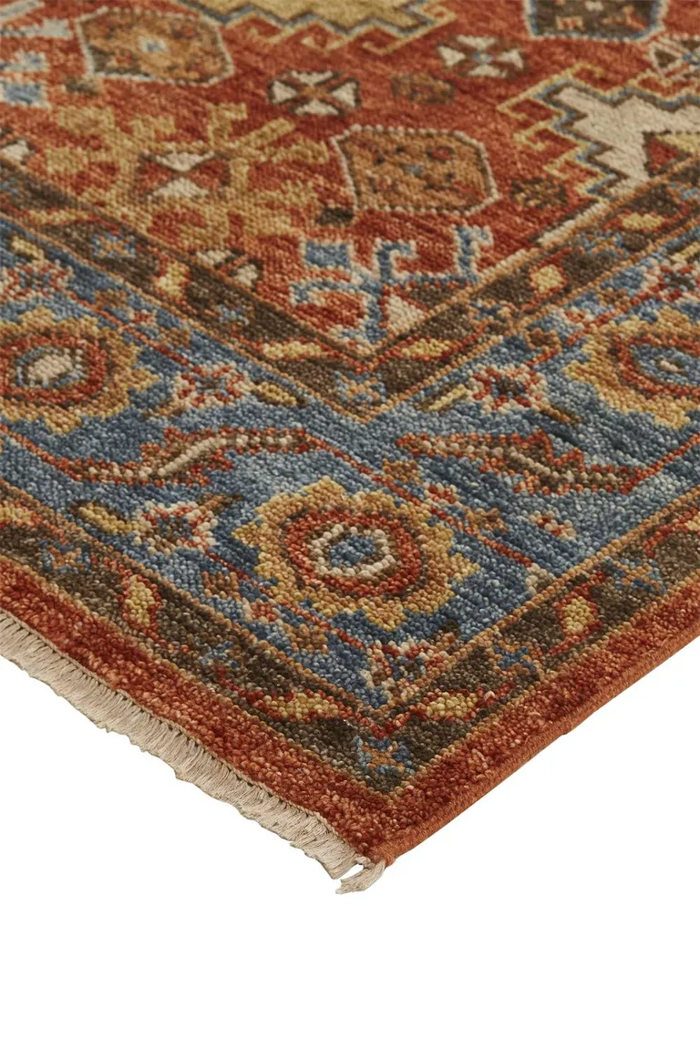 Red Blue And Orange Wool Floral Hand Knotted Stain Resistant Area Rug With Fringe Photo 4