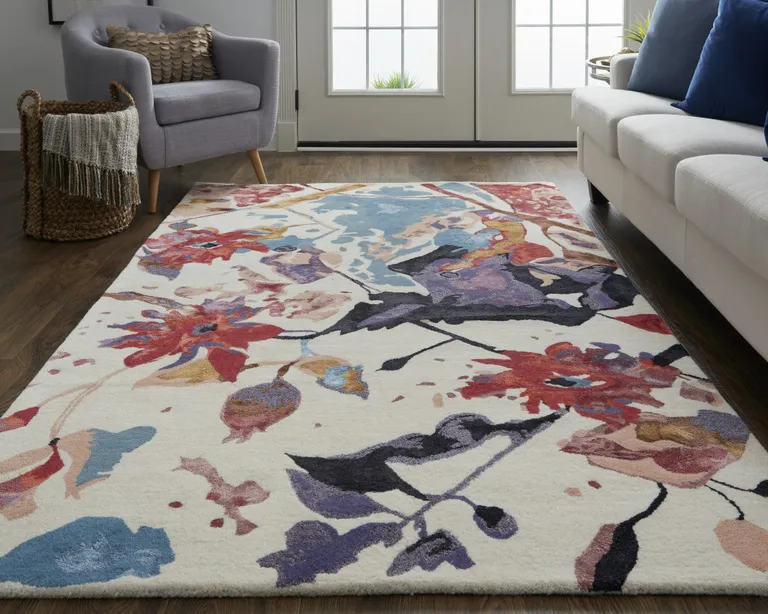 Red Blue And Purple Floral Tufted Handmade Area Rug Photo 5