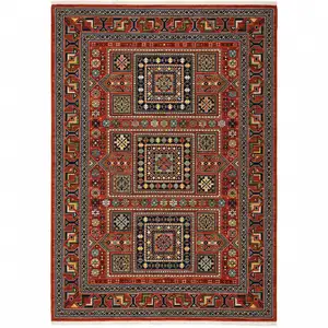 Photo of Red Blue Beige And Green Oriental Power Loom Stain Resistant Area Rug With Fringe