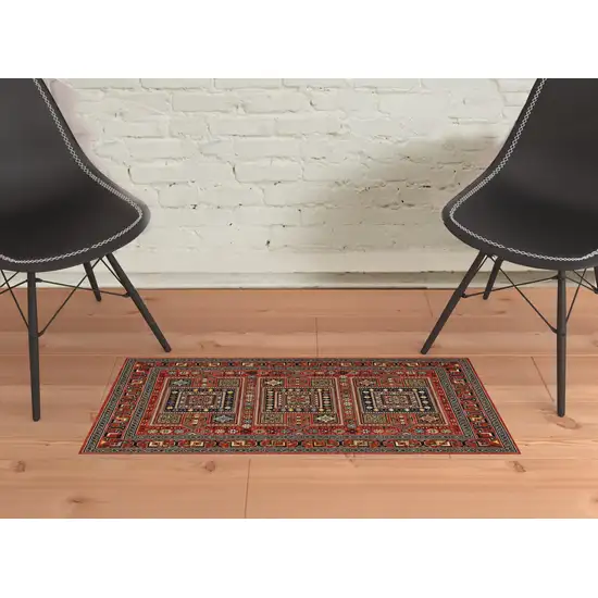 Red Blue Beige And Green Oriental Power Loom Stain Resistant Area Rug With Fringe Photo 3