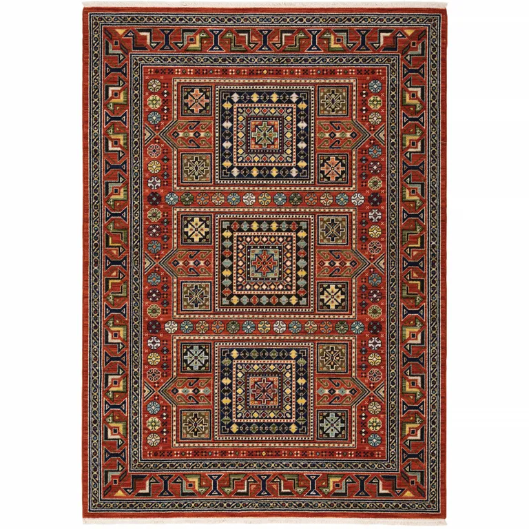 Red Blue Beige And Green Oriental Power Loom Stain Resistant Area Rug With Fringe Photo 1