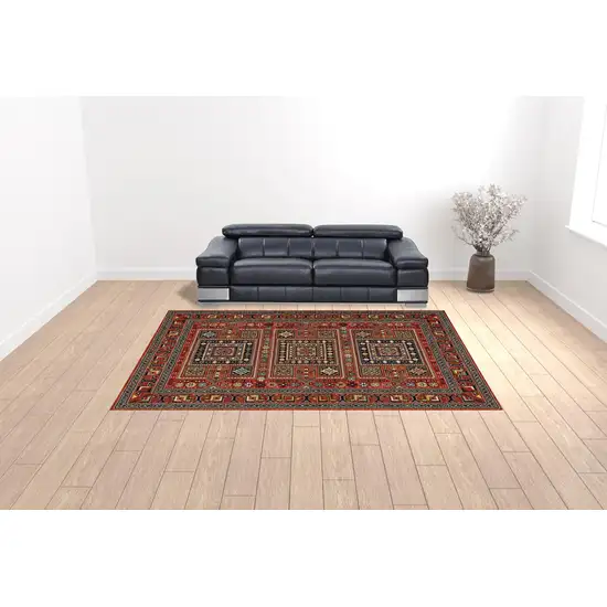 Red Blue Beige And Green Oriental Power Loom Stain Resistant Area Rug With Fringe Photo 3