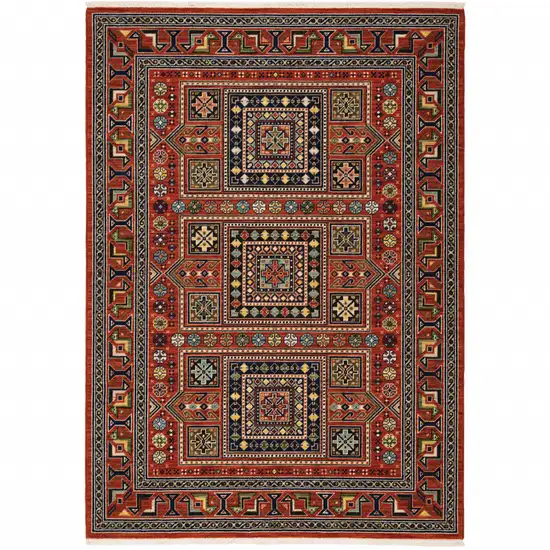 Red Blue Beige And Green Oriental Power Loom Stain Resistant Area Rug With Fringe Photo 1