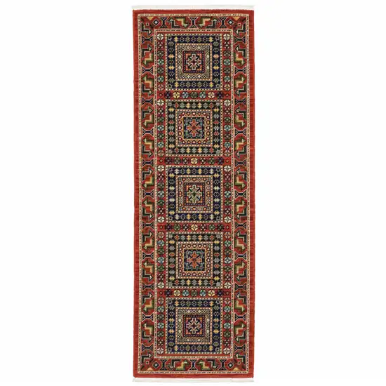 Red Blue Beige And Green Oriental Power Loom Stain Resistant Runner Rug With Fringe Photo 2