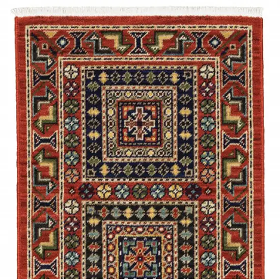 2' X 6' Red Blue Beige And Green Oriental Power Loom Stain Resistant Runner Rug With Fringe Photo 6