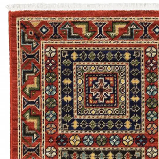 2' X 6' Red Blue Beige And Green Oriental Power Loom Stain Resistant Runner Rug With Fringe Photo 5