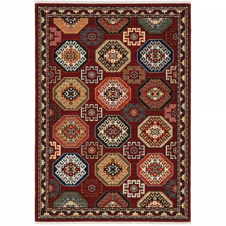 Red Blue Brown And Beige Oriental Power Loom Stain Resistant Area Rug With Fringe Photo 2