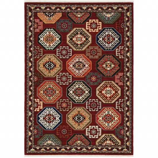 Red Blue Brown And Beige Oriental Power Loom Stain Resistant Area Rug With Fringe Photo 2