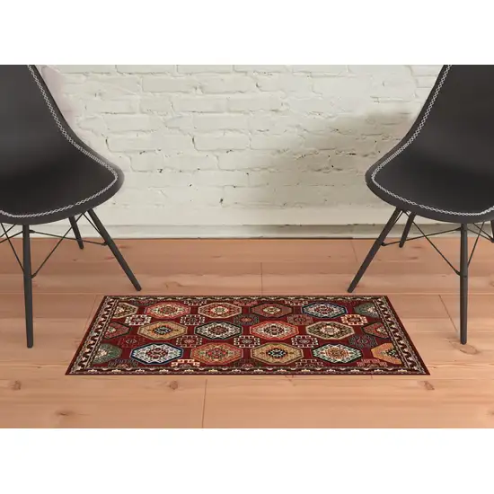 Red Blue Brown And Beige Oriental Power Loom Stain Resistant Area Rug With Fringe Photo 3