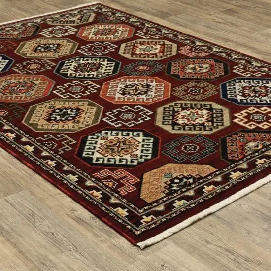 Red Blue Brown And Beige Oriental Power Loom Stain Resistant Area Rug With Fringe Photo 9