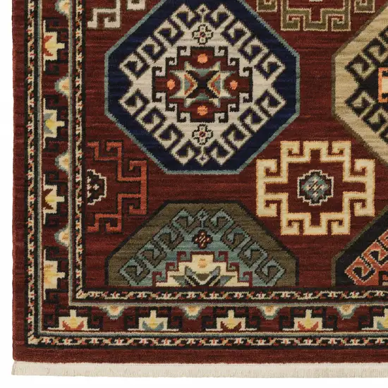 Red Blue Brown And Beige Oriental Power Loom Stain Resistant Area Rug With Fringe Photo 1