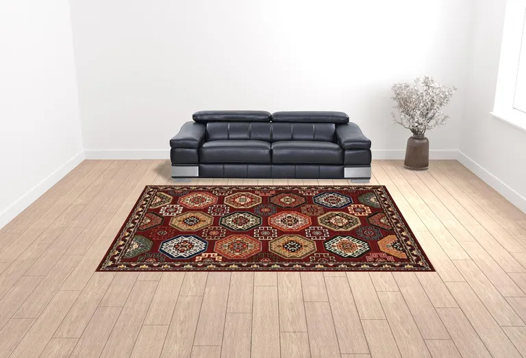 Red Blue Brown And Beige Oriental Power Loom Stain Resistant Area Rug With Fringe Photo 3