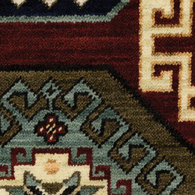 Red Blue Brown And Beige Oriental Power Loom Stain Resistant Runner Rug With Fringe Photo 5