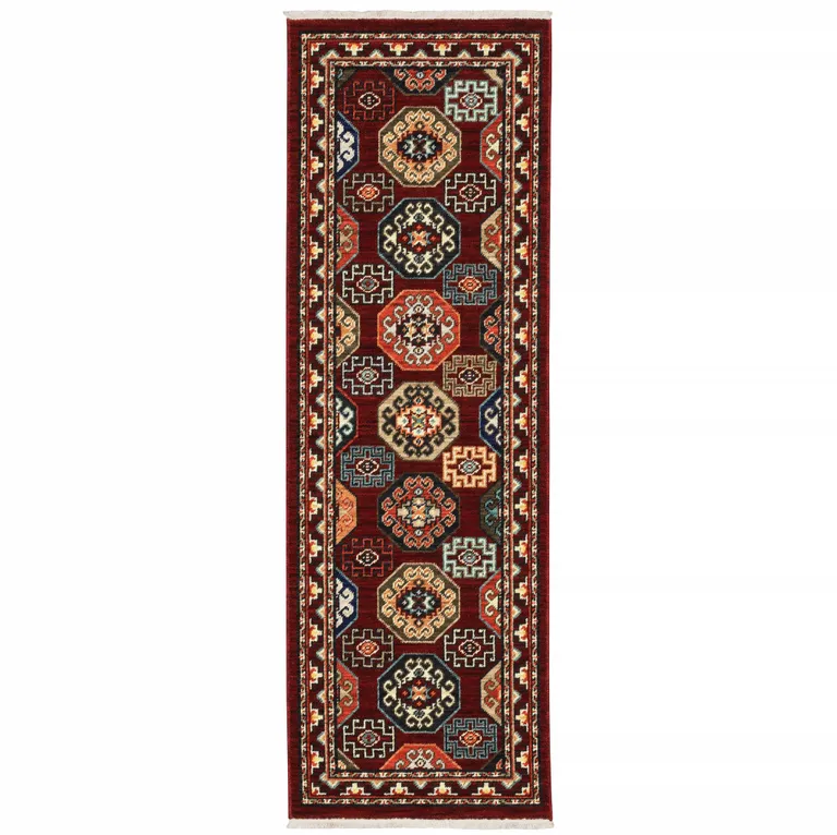 Red Blue Brown And Beige Oriental Power Loom Stain Resistant Runner Rug With Fringe Photo 1