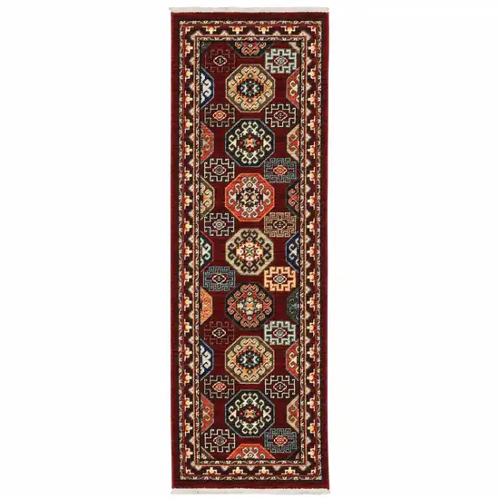 Red Blue Brown And Beige Oriental Power Loom Stain Resistant Runner Rug With Fringe Photo 1