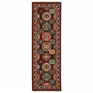 Photo of Red Blue Brown And Beige Oriental Power Loom Stain Resistant Runner Rug With Fringe