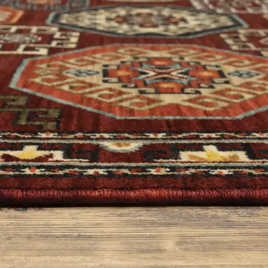 Red Blue Brown And Beige Oriental Power Loom Stain Resistant Runner Rug With Fringe Photo 4