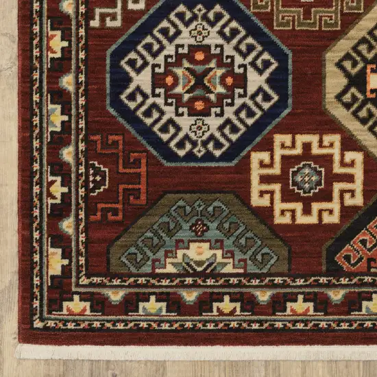 Red Blue Brown And Beige Oriental Power Loom Stain Resistant Runner Rug With Fringe Photo 6