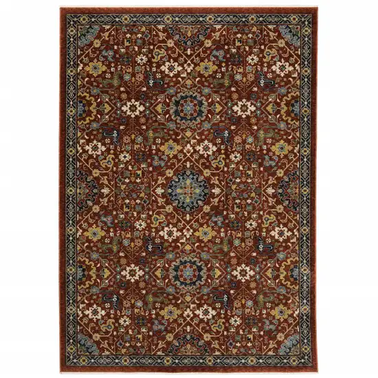 Red Blue Gold And Ivory Oriental Power Loom Stain Resistant Area Rug With Fringe Photo 1