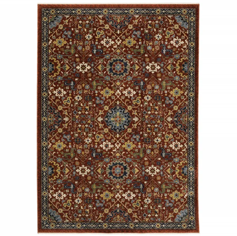 Red Blue Gold And Ivory Oriental Power Loom Stain Resistant Area Rug With Fringe Photo 1