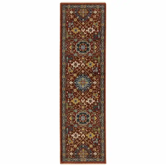 Red Blue Gold And Ivory Oriental Power Loom Stain Resistant Runner Rug With Fringe Photo 1