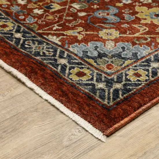 Red Blue Gold And Ivory Oriental Power Loom Stain Resistant Runner Rug With Fringe Photo 6