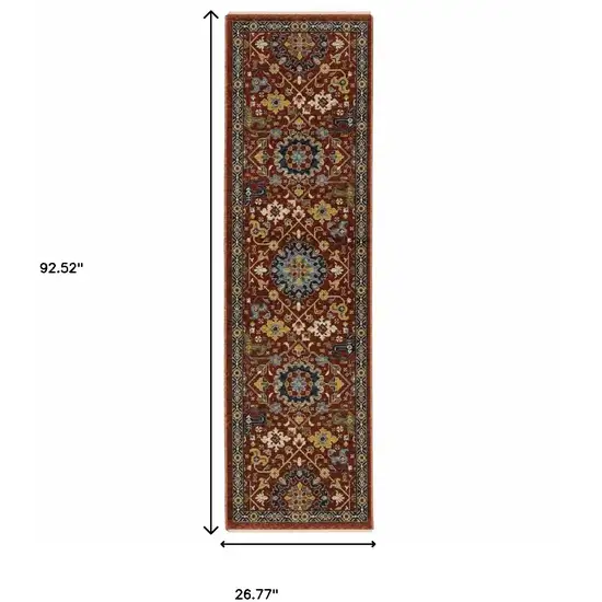 Red Blue Gold And Ivory Oriental Power Loom Stain Resistant Runner Rug With Fringe Photo 9