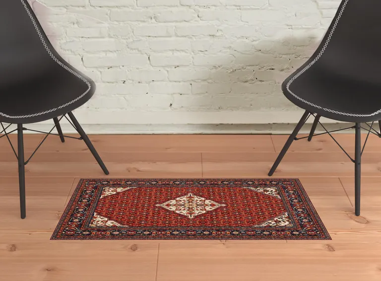 Red Blue Ivory And Orange Oriental Power Loom Stain Resistant Area Rug With Fringe Photo 4