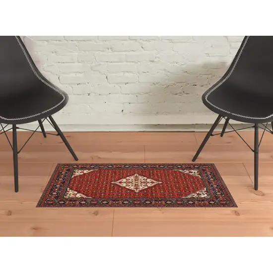 Red Blue Ivory And Orange Oriental Power Loom Stain Resistant Area Rug With Fringe Photo 4