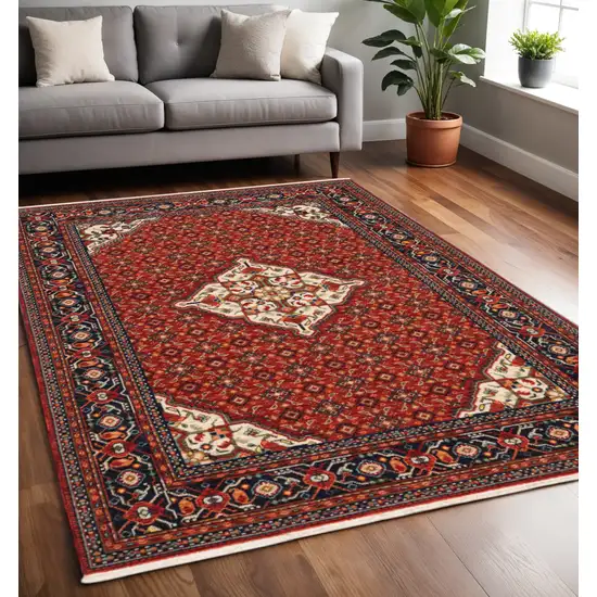 Blue and Red Oriental Power Loom Area Rug With Fringe Photo 1