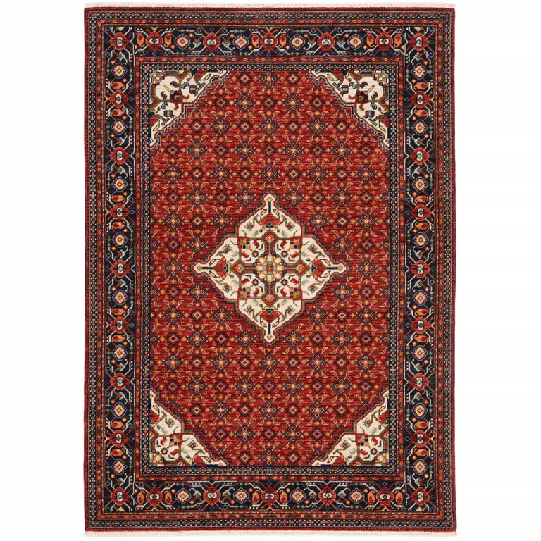 Red Blue Ivory And Orange Oriental Power Loom Stain Resistant Area Rug With Fringe Photo 1