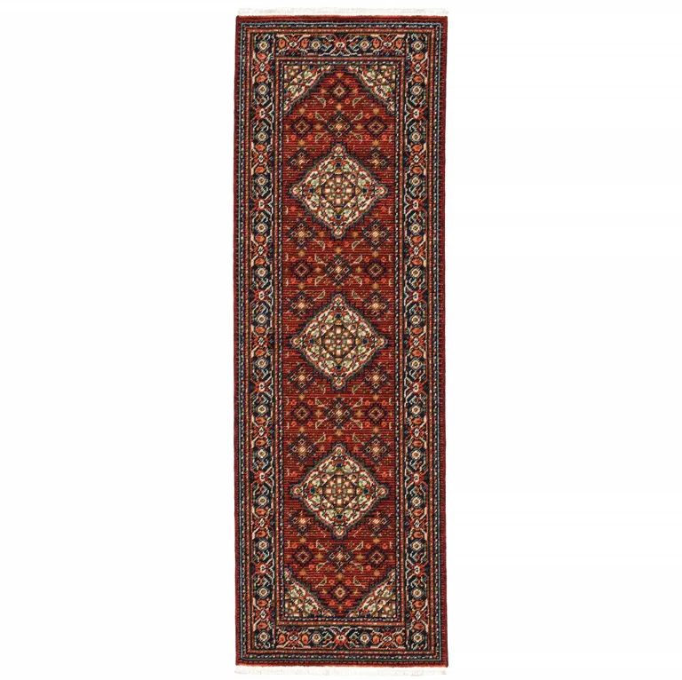 Red Blue Ivory And Orange Oriental Power Loom Stain Resistant Runner Rug With Fringe Photo 1