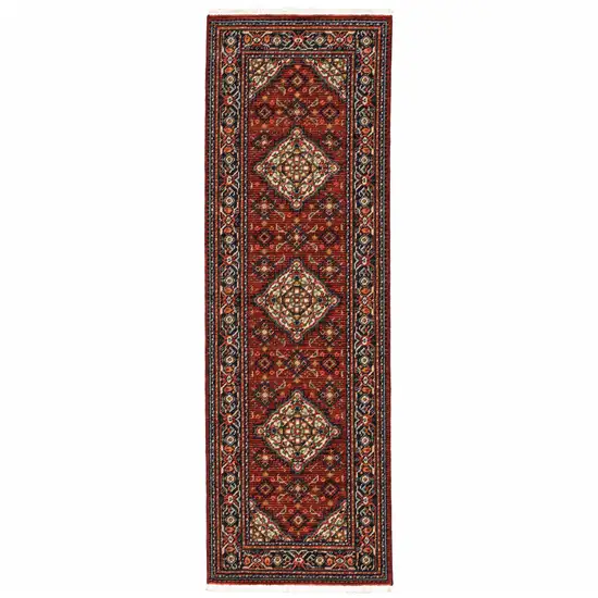 Red Blue Ivory And Orange Oriental Power Loom Stain Resistant Runner Rug With Fringe Photo 2