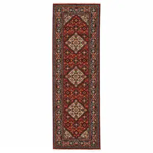 Photo of Red Blue Ivory And Orange Oriental Power Loom Stain Resistant Runner Rug With Fringe