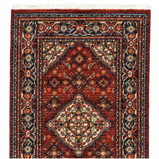 2' X 6' Red Blue Ivory And Orange Oriental Power Loom Stain Resistant Runner Rug With Fringe Photo 8