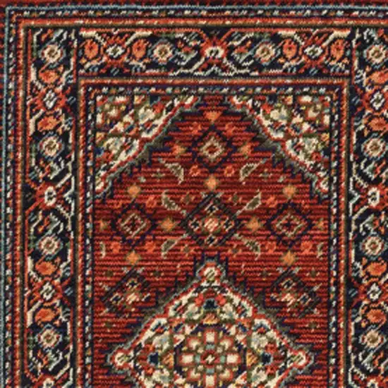 2' X 6' Red Blue Ivory And Orange Oriental Power Loom Stain Resistant Runner Rug With Fringe Photo 7