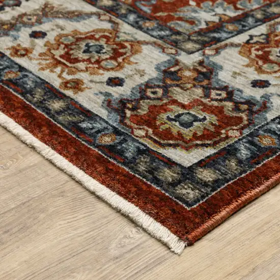 Red Blue Ivory Gold And Navy Oriental Power Loom Stain Resistant Runner Rug With Fringe Photo 6