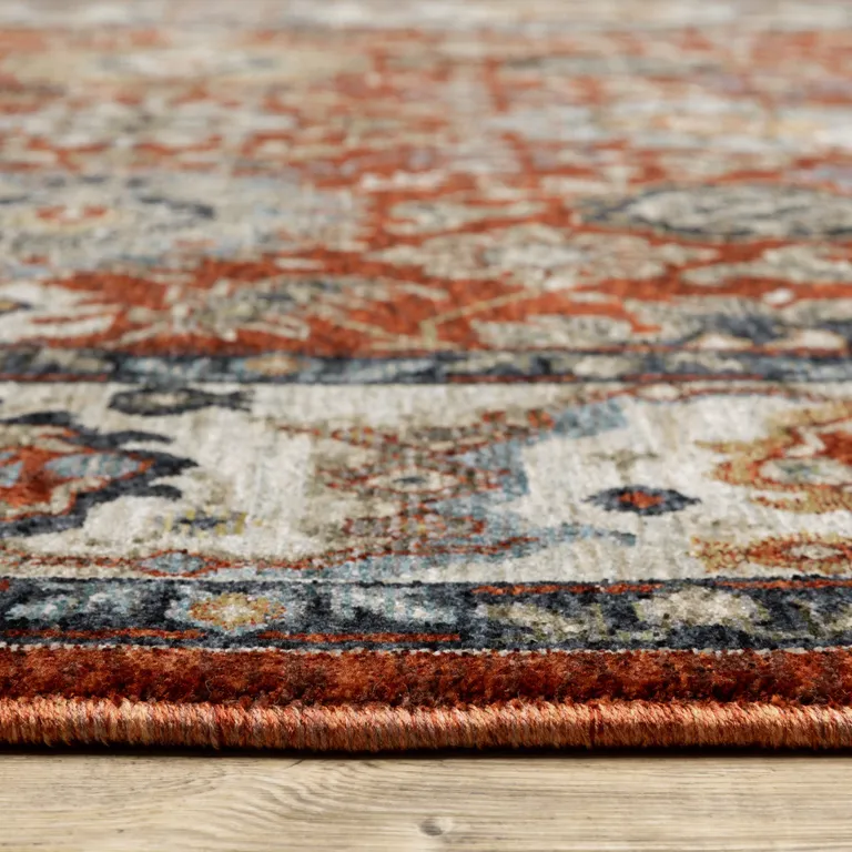 Red Blue Ivory Gold And Navy Oriental Power Loom Stain Resistant Runner Rug With Fringe Photo 4