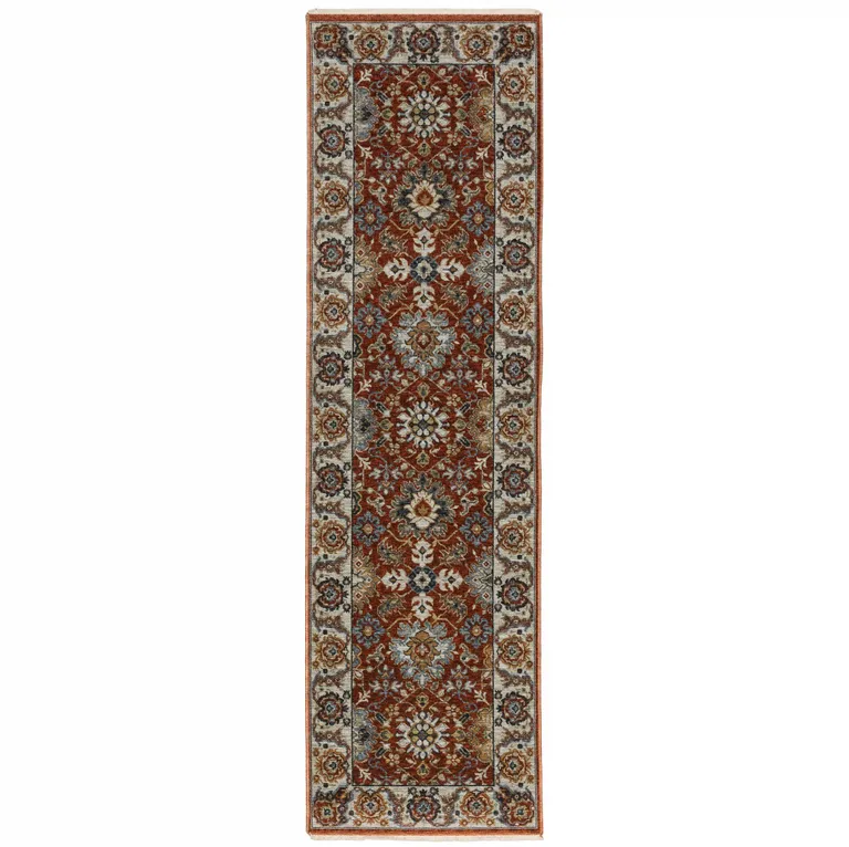 Red Blue Ivory Gold And Navy Oriental Power Loom Stain Resistant Runner Rug With Fringe Photo 1