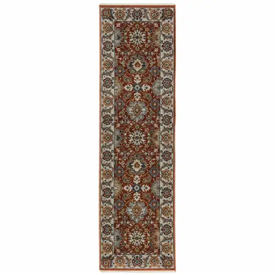 Red Blue Ivory Gold And Navy Oriental Power Loom Stain Resistant Runner Rug With Fringe Photo 1