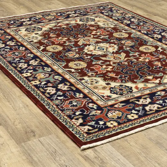 Red Blue Orange And Beige Oriental Power Loom Stain Resistant Area Rug With Fringe Photo 8