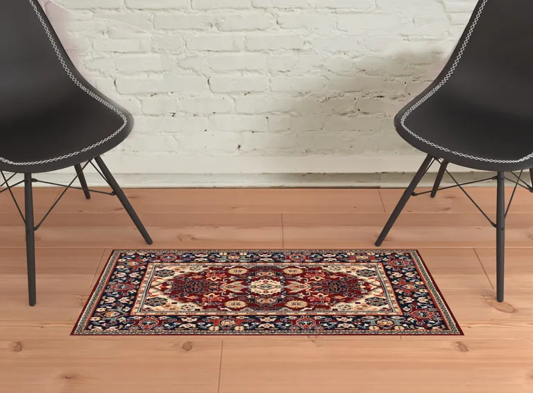 Red Blue Orange And Beige Oriental Power Loom Stain Resistant Area Rug With Fringe Photo 2