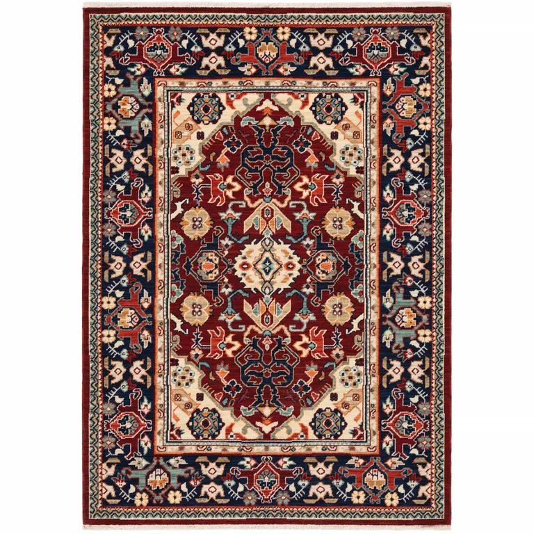 Red Blue Orange And Beige Oriental Power Loom Stain Resistant Area Rug With Fringe Photo 1