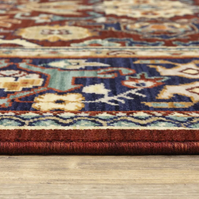 Red Blue Orange And Beige Oriental Power Loom Stain Resistant Area Rug With Fringe Photo 3