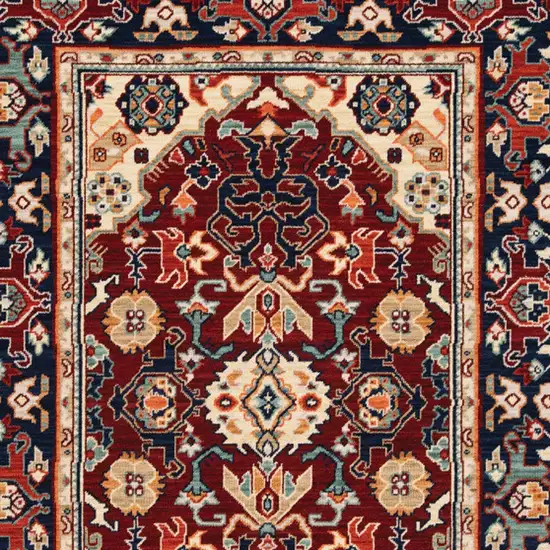 Red Blue Orange And Beige Oriental Power Loom Stain Resistant Area Rug With Fringe Photo 7