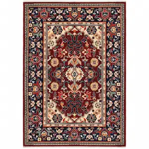 Photo of Red Blue Orange And Beige Oriental Power Loom Stain Resistant Area Rug With Fringe