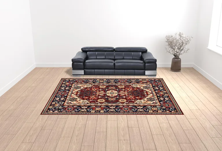 Red Blue Orange And Beige Oriental Power Loom Stain Resistant Area Rug With Fringe Photo 2