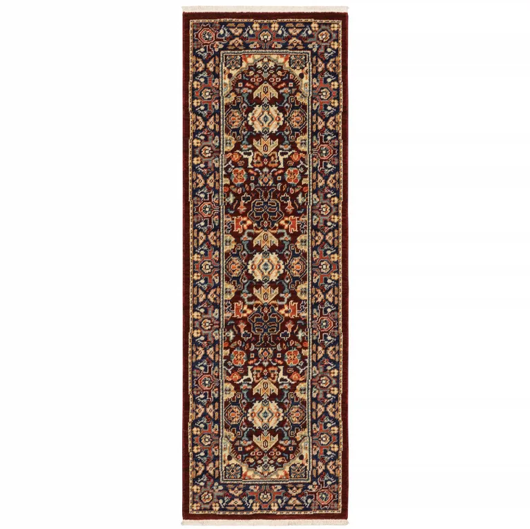 Red Blue Orange And Beige Oriental Power Loom Stain Resistant Runner Rug With Fringe Photo 1